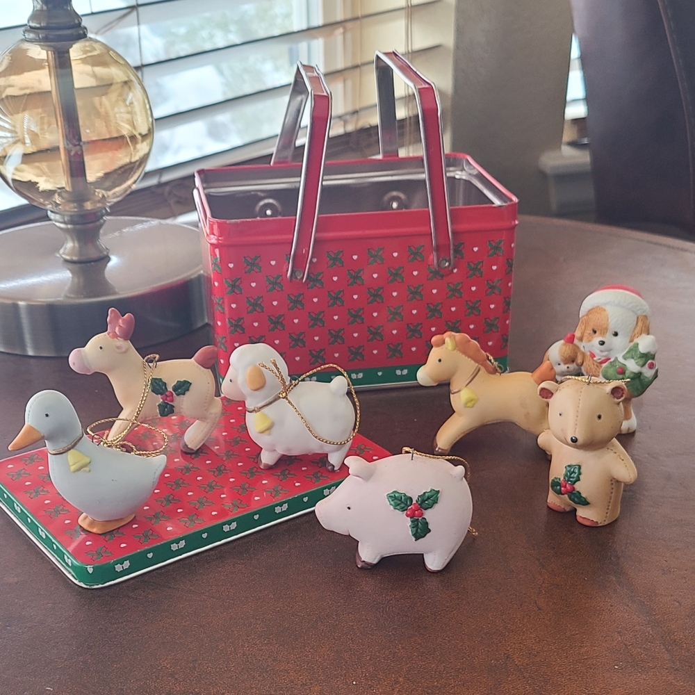 Sweet Homco animals all dressed for your Christmas tree in a vtg holly tin box